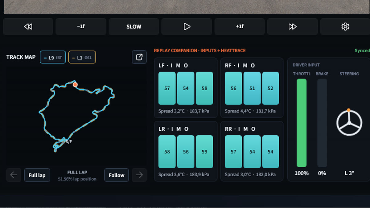 Replay controls, TrackMap, tyre cards and driver inputs in SetupForge Replay Companion