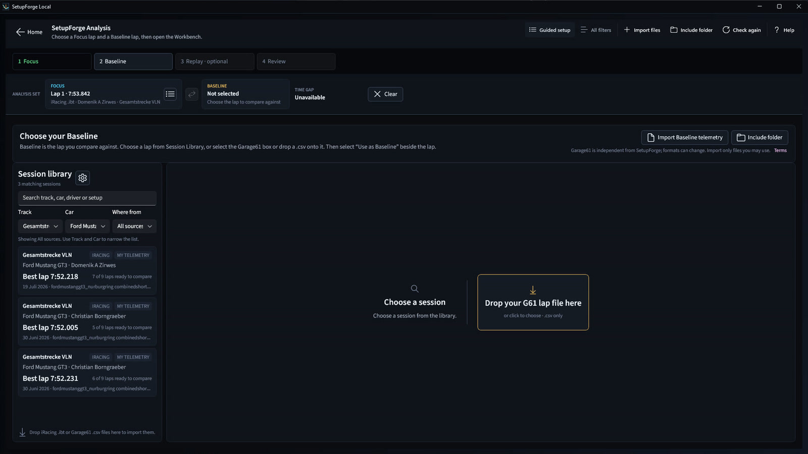 SetupForge reference picker with Session Library and G61 CSV upload